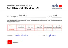 RSA Certification for Joseph Lee - Driving Instructor