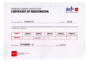 RSA Certification for Joseph Lee - Driving Instructor